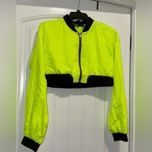 Zara Womens Size Medium Cropped Bomber Jacket Coat Yellow Highlight Zip Up